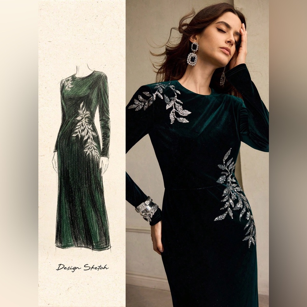 Luxurious Velvet Dress with Silver Accents